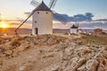 Traditional antique windmills at sunset in Spain. Consuegra, Toledo