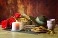 Traditional ANZAC biscuits with Australian Army Slouch Hat with copy space. Royalty Free Stock Photo