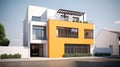 Traditional apartment building in mediterranian - exterior. Bright yellow and white facade with tall windows and long Royalty Free Stock Photo