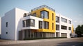 Traditional apartment building in mediterranian - exterior. Bright yellow and white facade with tall windows and long Royalty Free Stock Photo