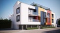 Traditional apartment building in mediterranian - exterior. Bright yellow and white facade with tall windows and long Royalty Free Stock Photo