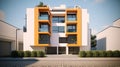 Traditional apartment building in mediterranian - exterior. Bright yellow and white facade with tall windows and long Royalty Free Stock Photo