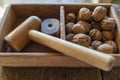 traditional appetizer walnuts with wooden hammer to crack, italian breakfast, Matera Italy Royalty Free Stock Photo