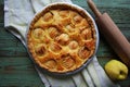 Traditional apple pie, fruit dessert, tart with fresh apples on wooden rustic table. Top view Royalty Free Stock Photo