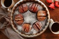Traditional apple pie, fruit dessert, tart on wooden rustic table. Top view, christmas background Royalty Free Stock Photo