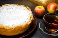 Traditional apple pie with vanilla custard. Polish Charlotte. a favourite British dessert. homemade pastries for tea. autumn desse