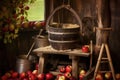 traditional apple press with crushed apples and a bucket underneath Royalty Free Stock Photo