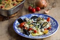 Rice, potatoes and mussels, traditional apulian dish, italian cuisine, on the wooden background Royalty Free Stock Photo