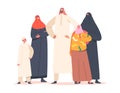 Traditional Arab Family, Parents and Children Characters. Saudi People Wear National Clothes Thawb or Kandura and Hijab