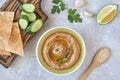 Traditional arabian eggplant hummus baba ganoush wit ingredients. Middle Eastern cuisine. Top view, overhead