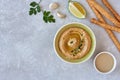 Traditional arabian eggplant hummus baba ganoush wit ingredients. Middle Eastern cuisine. Top view, overhead Royalty Free Stock Photo