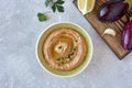 Traditional arabian eggplant hummus baba ganoush wit ingredients. Middle Eastern cuisine. Top view, overhead