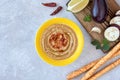 Traditional arabian eggplant hummus baba ganoush wit ingredients. Middle Eastern cuisine. Top view, overhead