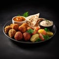 Traditional Arabian food with crispy falafel, pita bread, and sauces