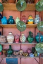 Traditional arabic handcrafted, colorful decorated ceramic for sale at the market in Marrakesh