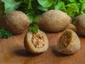 Traditional Arabic kibbeh with lamb and pine nuts. Close up.
