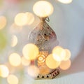 Traditional arabic lantern lit up for celebrating holy month of Ramadan with bokeh lights Royalty Free Stock Photo