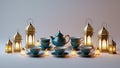 Traditional Arabic Tea Set with Lanterns on White Background, Warm and Inviting Atmosphere Royalty Free Stock Photo