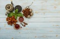 Traditional Arabic, Turkish Ramadan tea with dry dates and raisins on a wooden white table. A cup of tea on a white table.Turkish Royalty Free Stock Photo