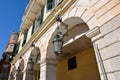 Traditional architecture of Corfu town, Grece. Lantern on the facade of an old building