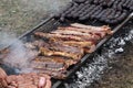 Traditional Argentine barbecue. Grilled beef, sausages and blood sausages. Grilled ribs. Roast done on grills on the floor. Nation