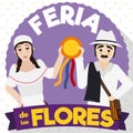 Traditional Arriero Couple Celebrating with Prize in Colombian Flowers Festival, Vector Illustration