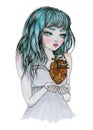 Beautiful Girl with Teal Hair Holding a Wooden Heart Royalty Free Stock Photo