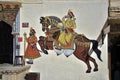 Traditional art Mural painting of horse rider on the wall at Udaipur