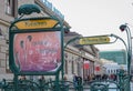 Traditional art nouveau style Parisian metro entrance sign at the Kievskaya station in Moscow, Russia