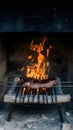 Traditional asado grilling in an ancient, rustic fireplace