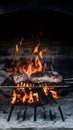 Traditional asado grilling in an ancient, rustic fireplace