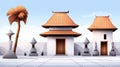 Traditional Asian Architecture with Unique Roofs and Decorative Garden Elements Royalty Free Stock Photo
