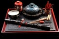 traditional asian calligraphy set and ink stone