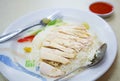 Traditional Asian Chinese Street Food: Khao Man Kai Kao Man Gai is Hainanese chicken rice, steamed chicken meat and white rice.