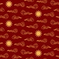 Traditional Asian clouds and sun gold on red seamless pattern.