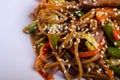 Traditional asian dish. Noodles with beef and vegetables. Restaurant dish