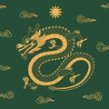 Traditional Asian dragon flying, clouds, sun, gold Royalty Free Stock Photo