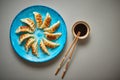 Traditional asian dumplings Gyozas on turqoise ceramic plate Royalty Free Stock Photo
