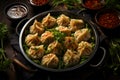 Traditional Asian dumplings -manti on a plate. Steamed meat dumplings. Meat manta rays