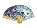 Traditional Asian fan with cherry blossom and flying swallows on blue sky background, hand painted watercolor illustration isolate Royalty Free Stock Photo