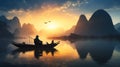 Traditional Asian Fisherman At Sunrise On River