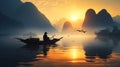 Traditional Asian Fisherman At Sunrise