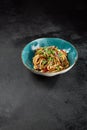 Traditional asian fried noodles with beef and vegetables on dark background. Udon noodles with beef on wok with sesame and green