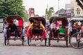 Traditional Asian (Indonesian) pedicab drivers are waiting for passengers