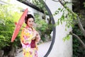 Traditional Asian Japanese beautiful woman bride wears kimono with red umbrella in outdoor spring garden Royalty Free Stock Photo