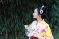 Traditional Asian Japanese beautiful woman with a fan on hand stand by bamboo in a garden