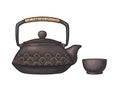 Traditional asian kettle with pattern and cup. Vector vintage engraving Royalty Free Stock Photo
