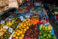 The traditional Asian market with food. Sale a variety of fruits lying on the counter. Malaysia