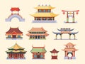 Traditional Asian palaces and temples set. Ancient Chinese style buildings two tiered roofed dragon tail arch bridges