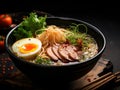 Traditional asian ramen noodle soup with sliced meat, egg and vegetables.